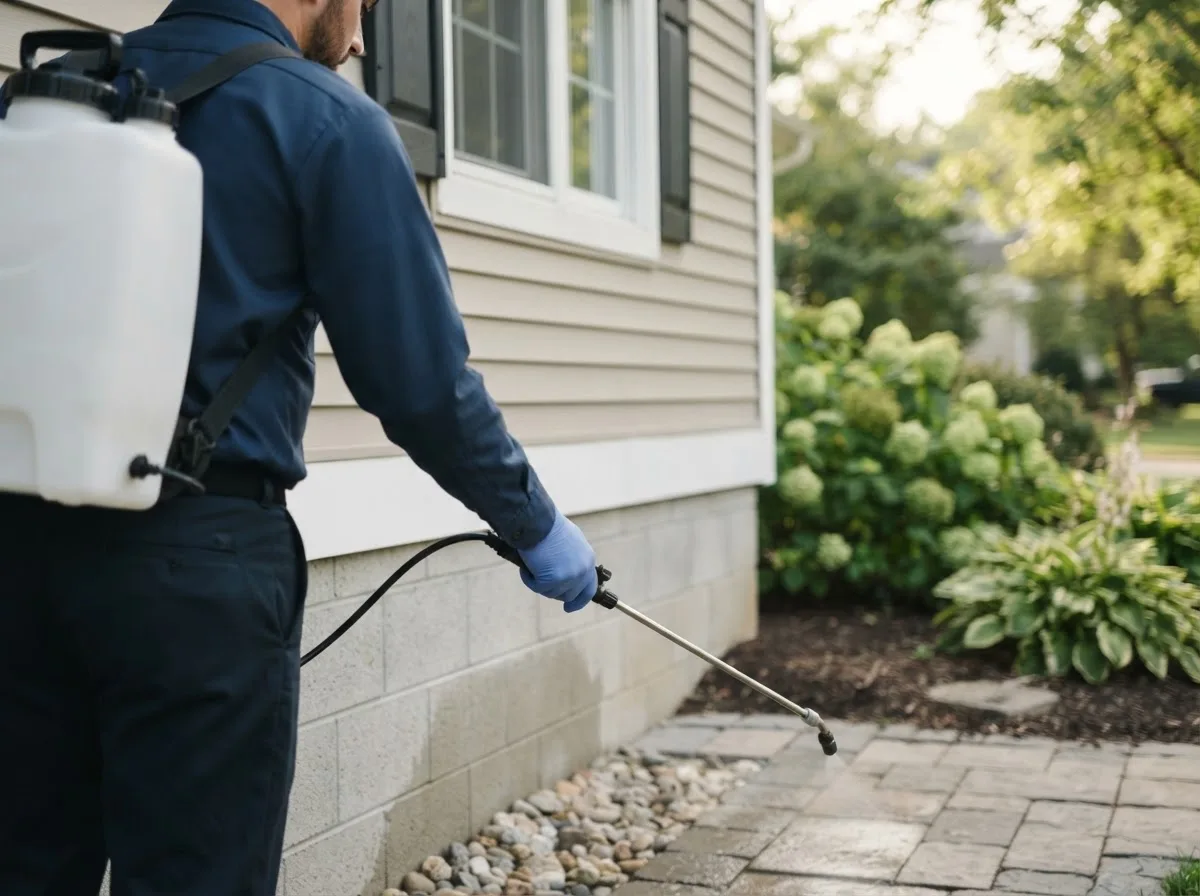 Pest control technician inspecting a home in Thomasboro, IL